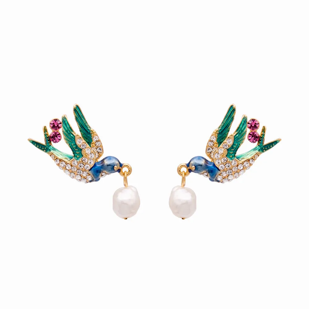 Crystal Swallow and Pearl Earrings