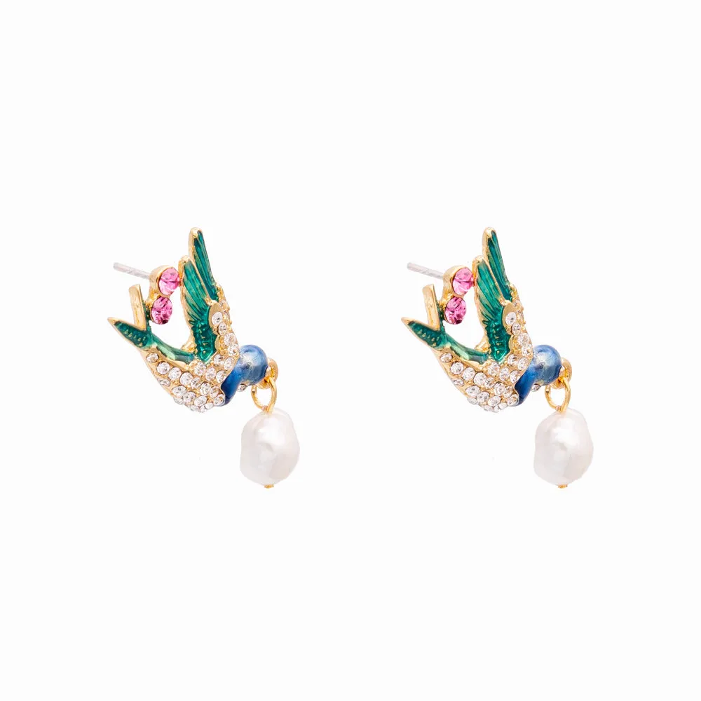 Crystal Swallow and Pearl Earrings