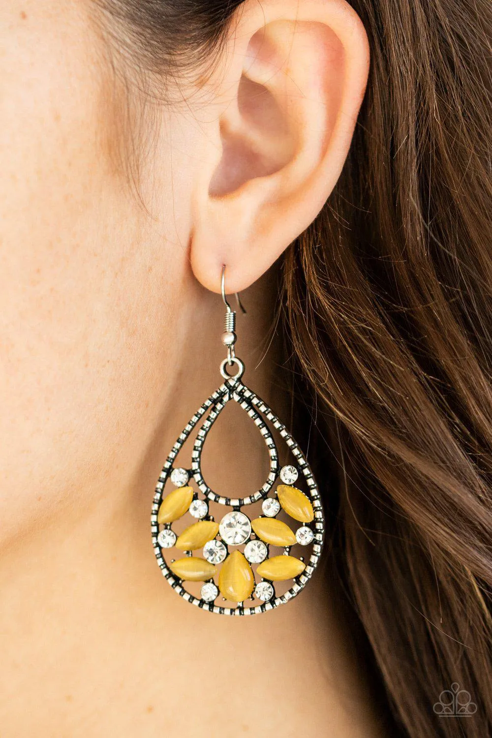 Dewy Dazzle Yellow Cat's Eye Earrings - Paparazzi Accessories