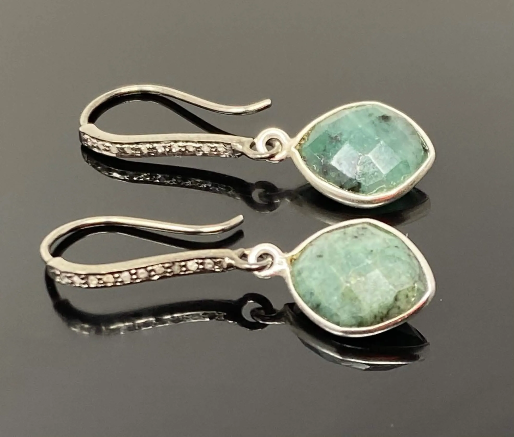 Elegant Emerald and Diamond Pave Sterling Silver Drop Earrings