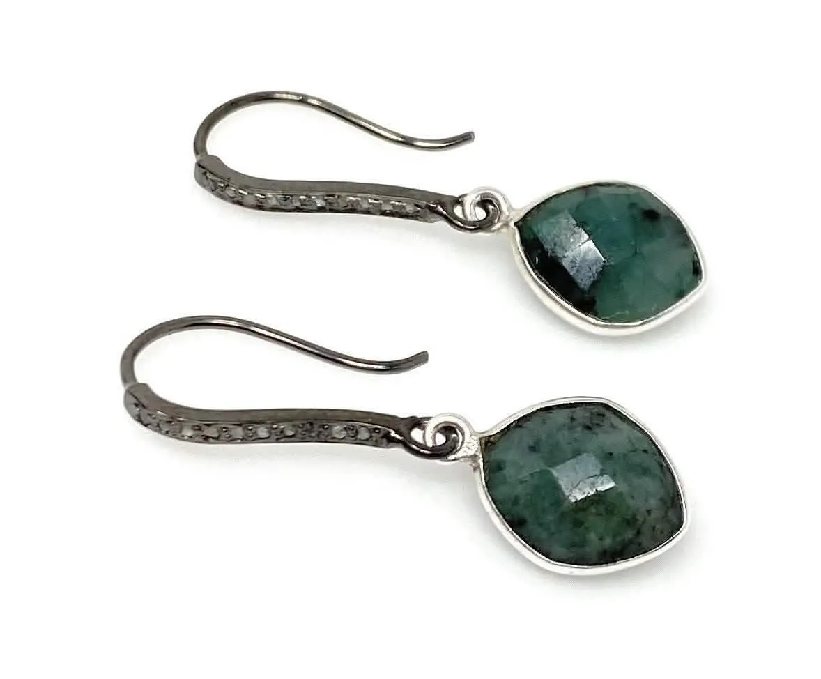 Elegant Emerald and Diamond Pave Sterling Silver Drop Earrings