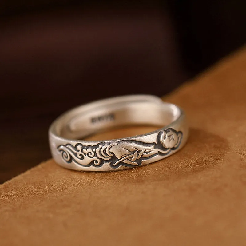 Exclusive Design 999 Sterling Silver Vintage Chinese「Culture and Blessing」Adjustable Ring