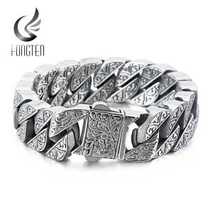 FONGTEN  Classic Cuban Carved Style Men's Link Bracelet  Unique