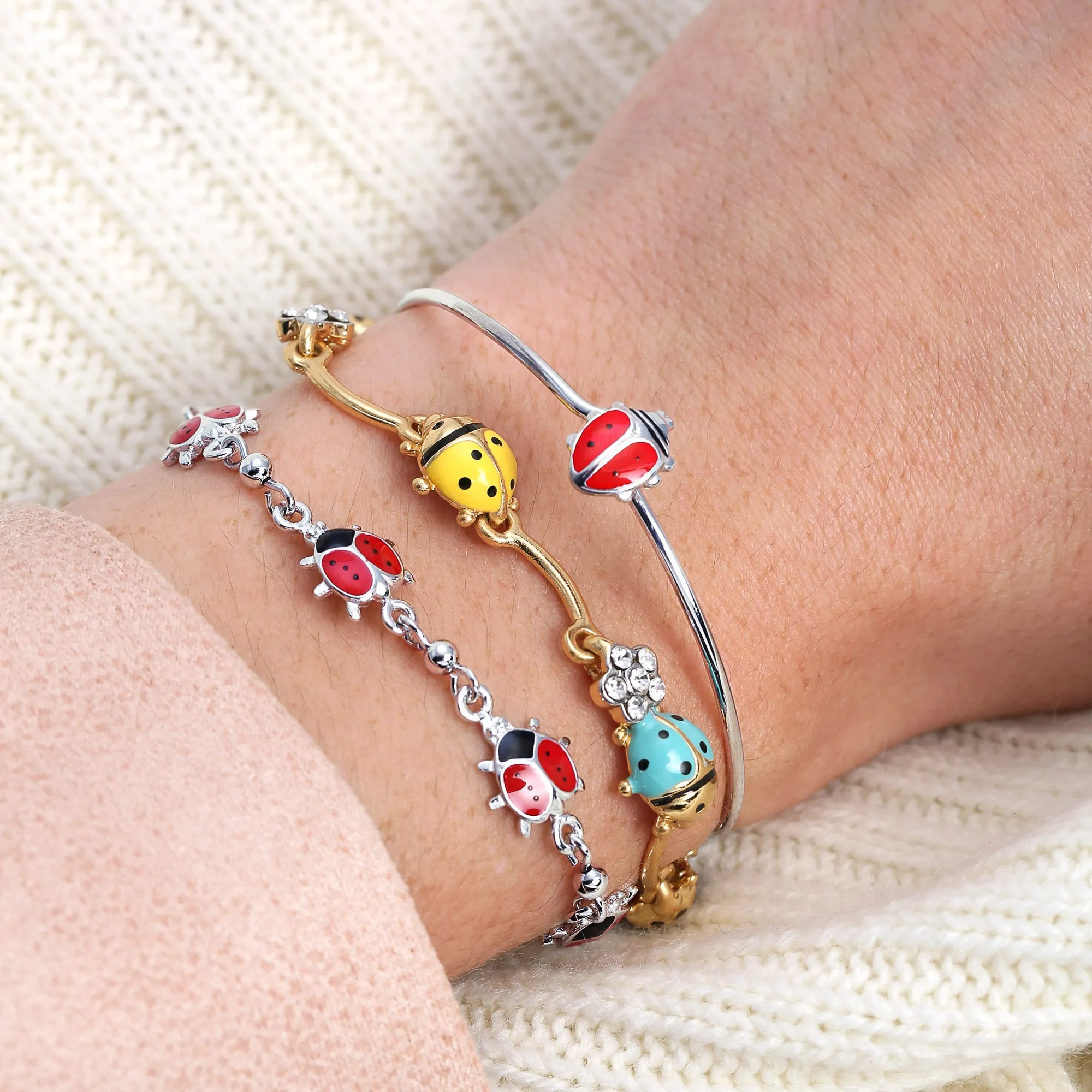 Garden Lucky Ladybug Link Charm Bracelet Crystal Gold Plated