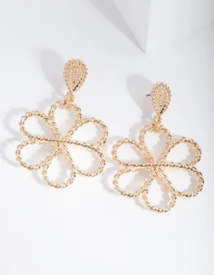 Gold Rope Textured Flower Drop Earrings