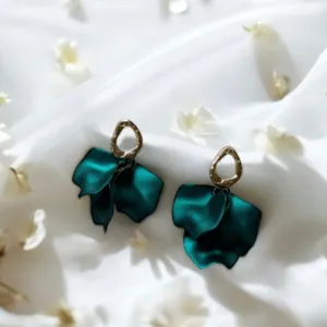 Green - Emerald green iridescent flower earrings | leaf and petals drop statement earrings | unique gold geometric floral earrings