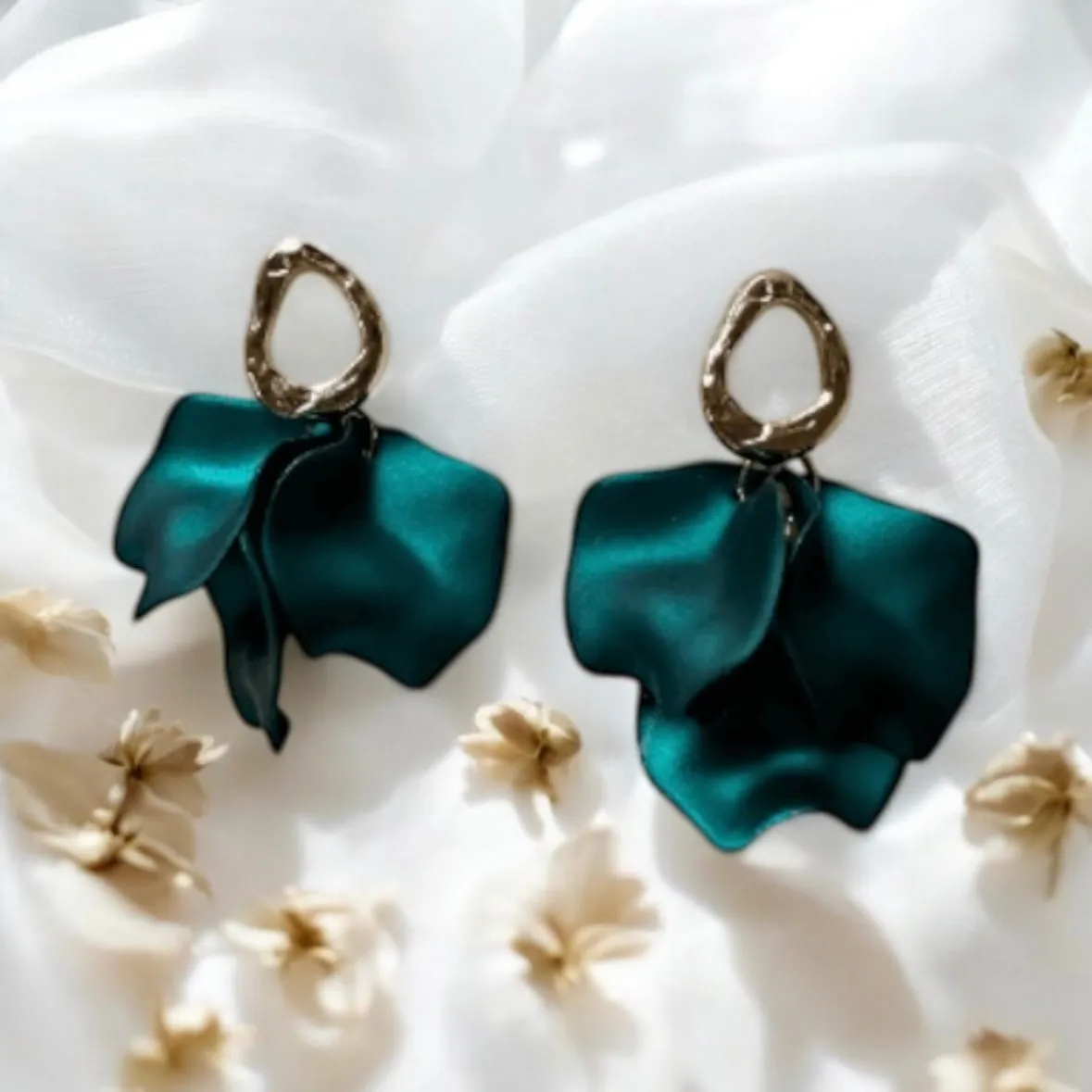 Green - Emerald green iridescent flower earrings | leaf and petals drop statement earrings | unique gold geometric floral earrings