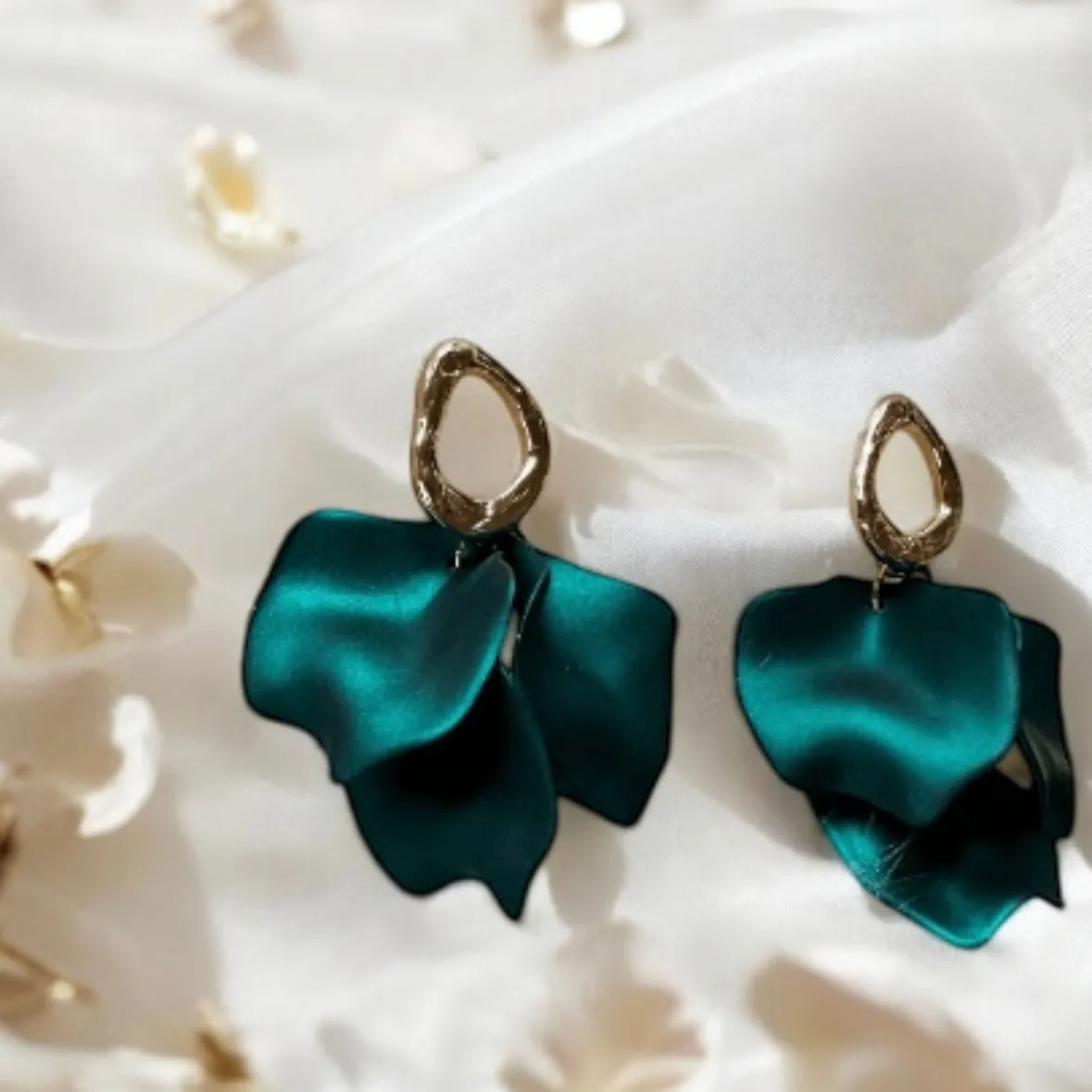 Green - Emerald green iridescent flower earrings | leaf and petals drop statement earrings | unique gold geometric floral earrings