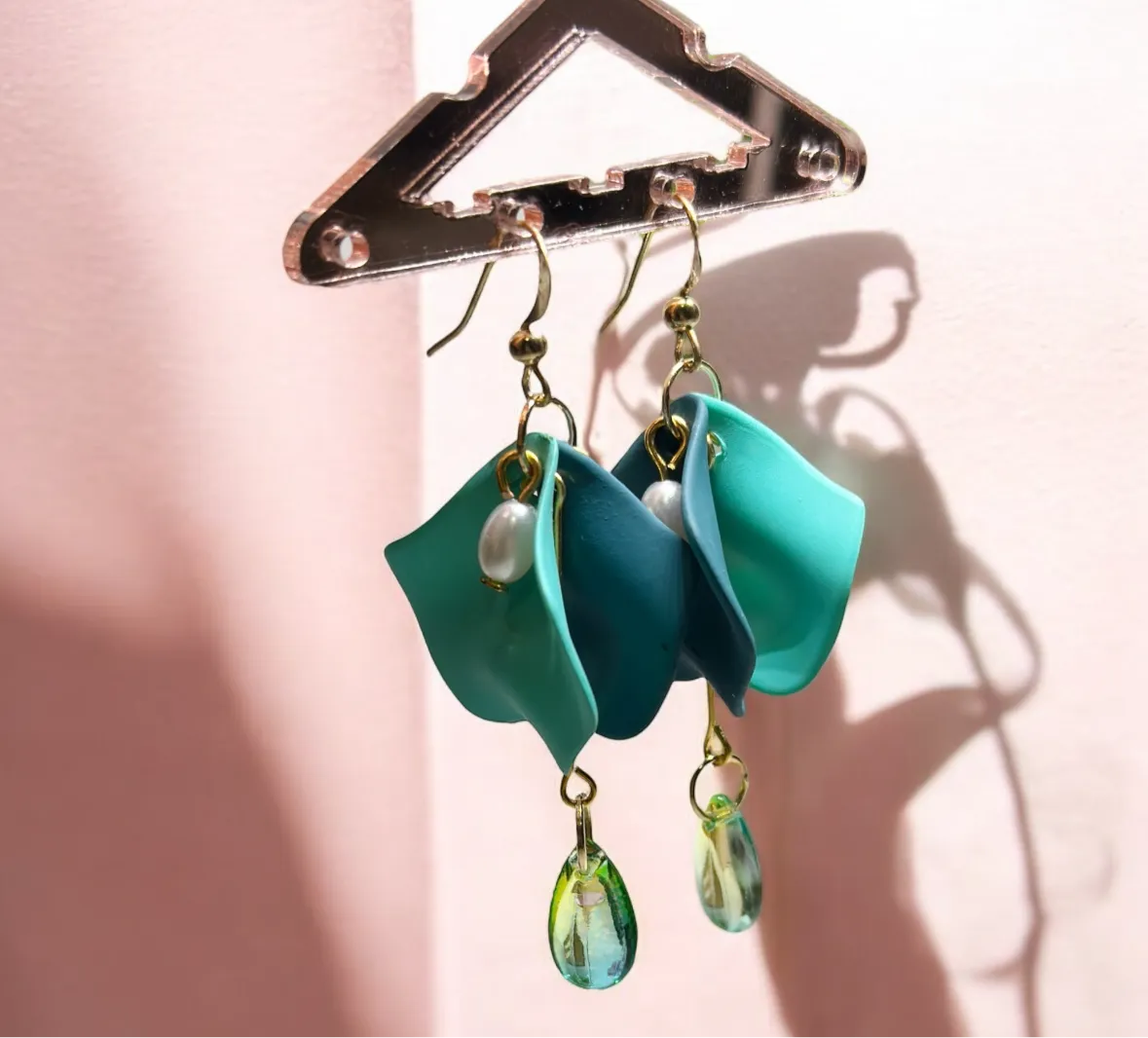 Green - Turquoise green flower earrings | dangle petals floral earrings | bridal party wedding earring