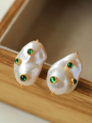 Handcrafted Baroque Pearls Earrings-Green