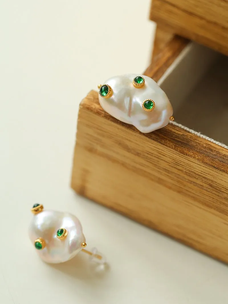 Handcrafted Baroque Pearls Earrings-Green