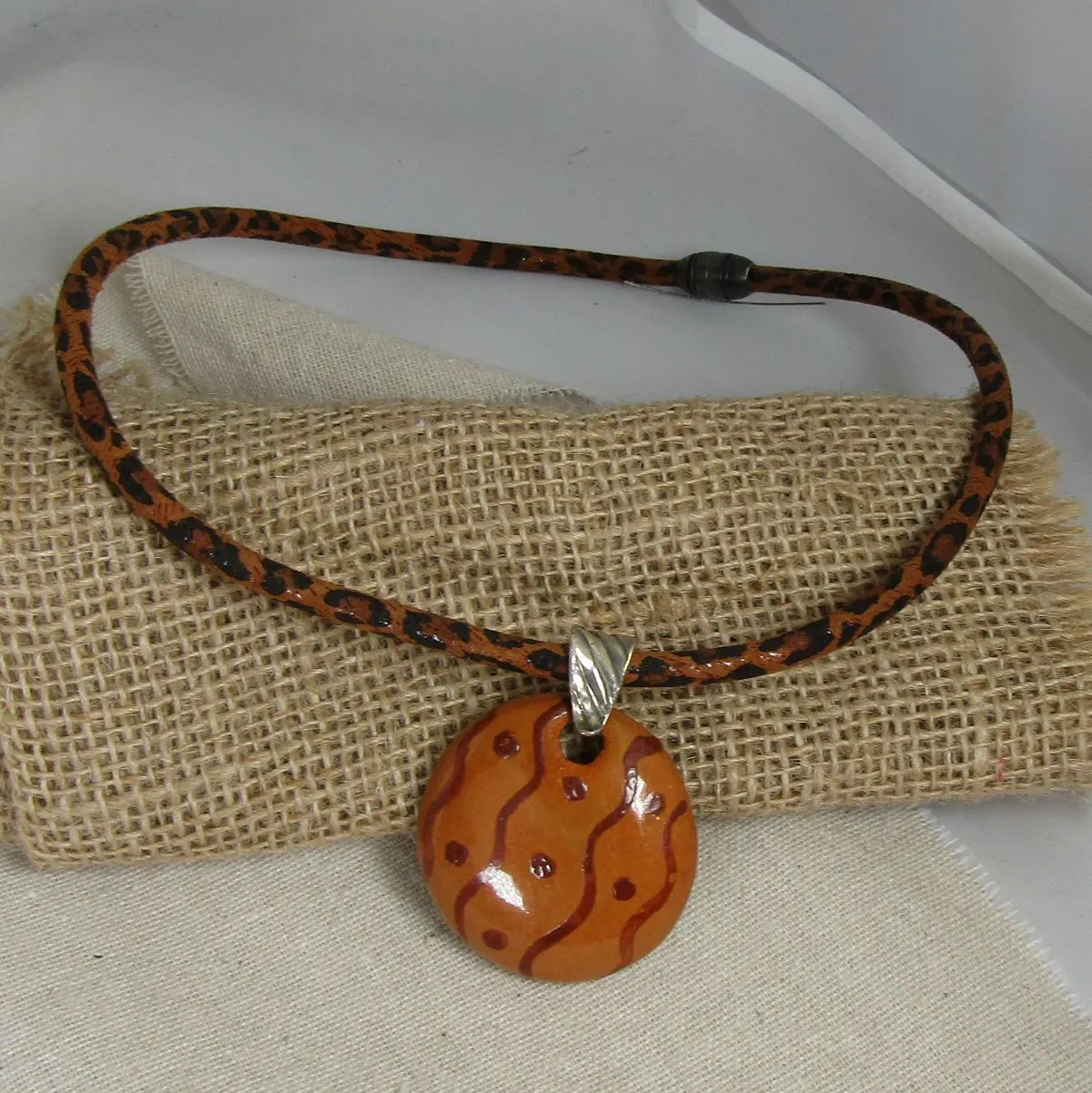 Handmade Fair Trade Kazuri Pendant on Leopard Suede Necklace