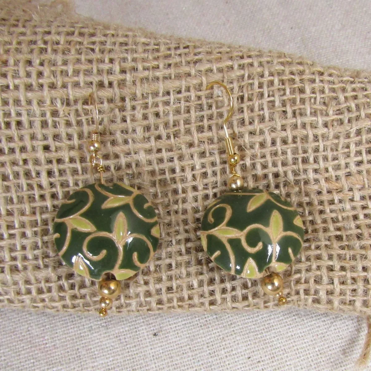 Handmade Green & Beige Ceramic Earrings  Golem