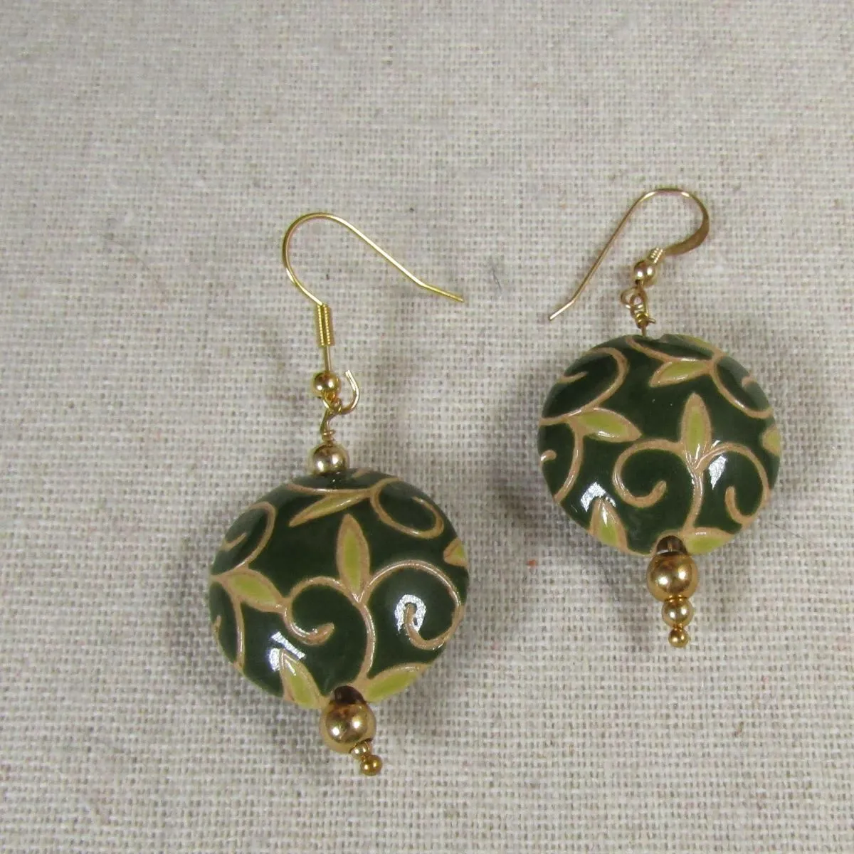 Handmade Green & Beige Ceramic Earrings  Golem