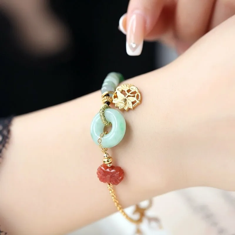 Handmade Jade, Pearl, & Red Agate Butterfly Bracelet with 18K Charm