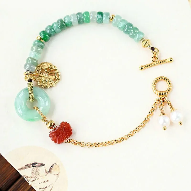 Handmade Jade, Pearl, & Red Agate Butterfly Bracelet with 18K Charm