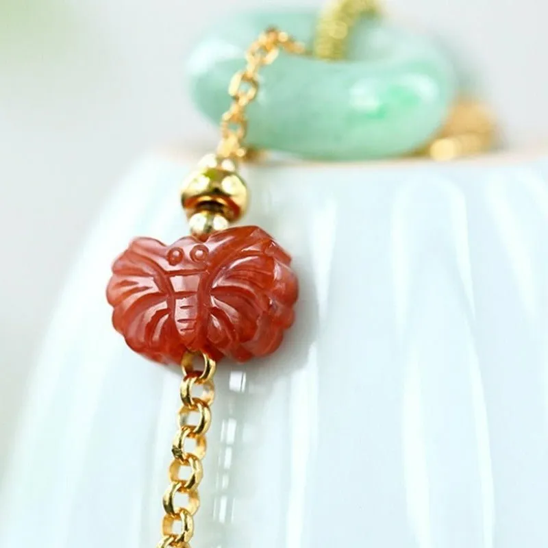 Handmade Jade, Pearl, & Red Agate Butterfly Bracelet with 18K Charm