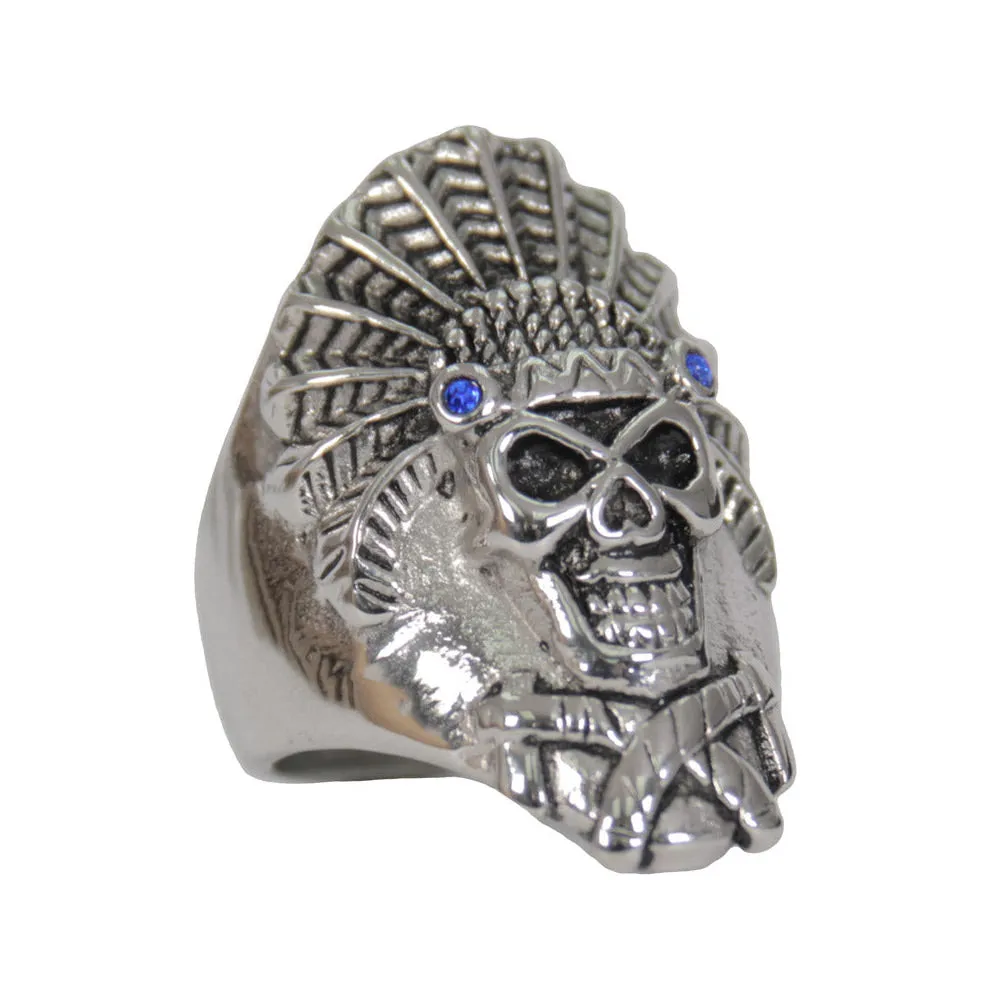 Hot Leathers JWR2221 Men's Silver 'Blue Stone Indian Headdress' Stainless Steel Ring