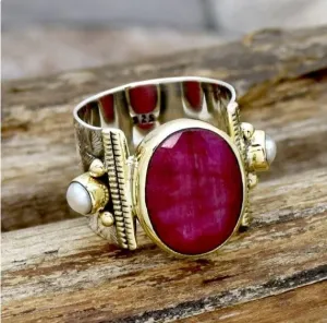 Indian Ruby & Pearl Ring, Ruby Ring, Wide Band Ring, Flower Textured Ring, Two Tone Ring, Statement Ring, Fresh Water Pearl Ring For Her