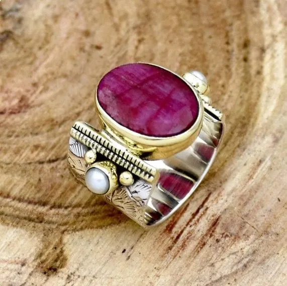 Indian Ruby & Pearl Ring, Ruby Ring, Wide Band Ring, Flower Textured Ring, Two Tone Ring, Statement Ring, Fresh Water Pearl Ring For Her