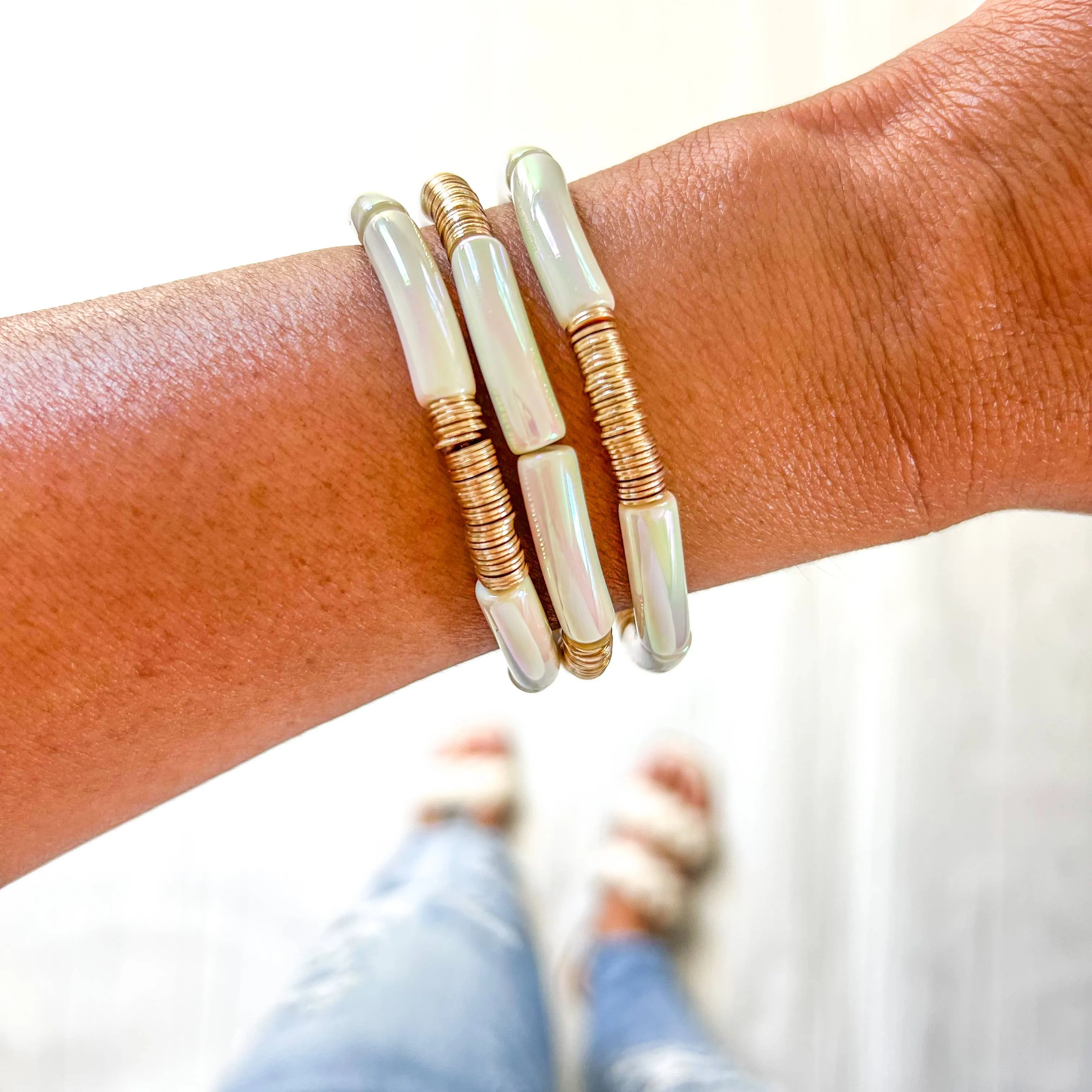 Ivory Acrylic Tube Bamboo Bracelet