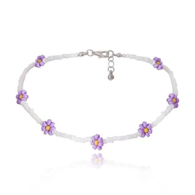 Lovely Daisy Flowers Colorful Beaded Charm Statement Choker Necklace for Women Vacation Jewelry