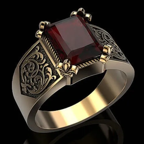 Men's Fashion 18K Gold Color Rings Luxury Domineering Ruby Carved Rings Wedding Engagement Rings Party Jewelry Gifts Size 6-13