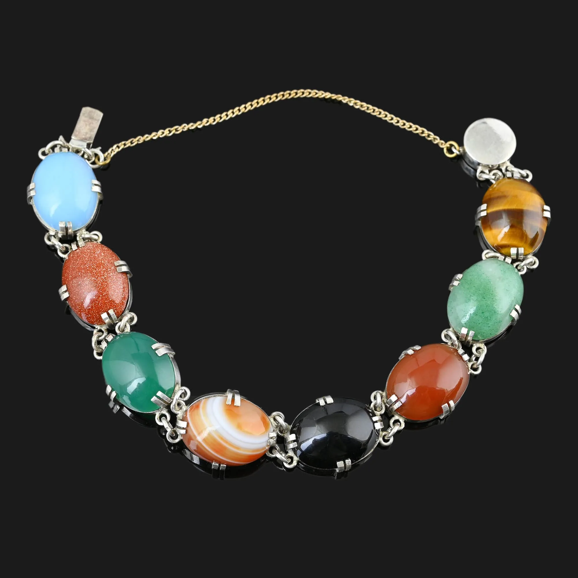 Mid Century Multi Gemstone Bracelet Jade Tiger Eye Moonstone