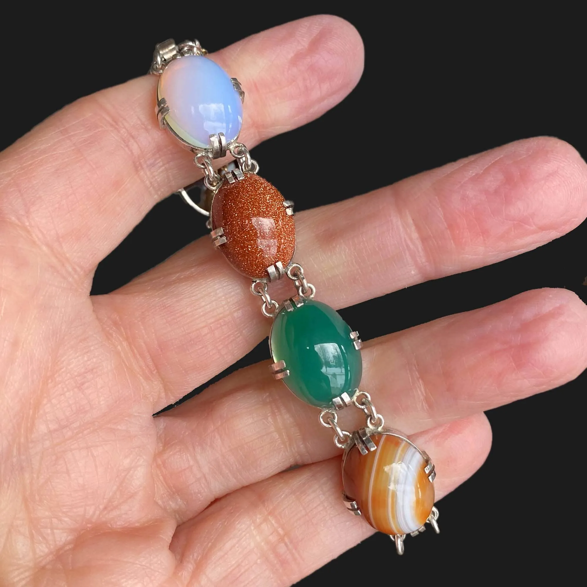 Mid Century Multi Gemstone Bracelet Jade Tiger Eye Moonstone