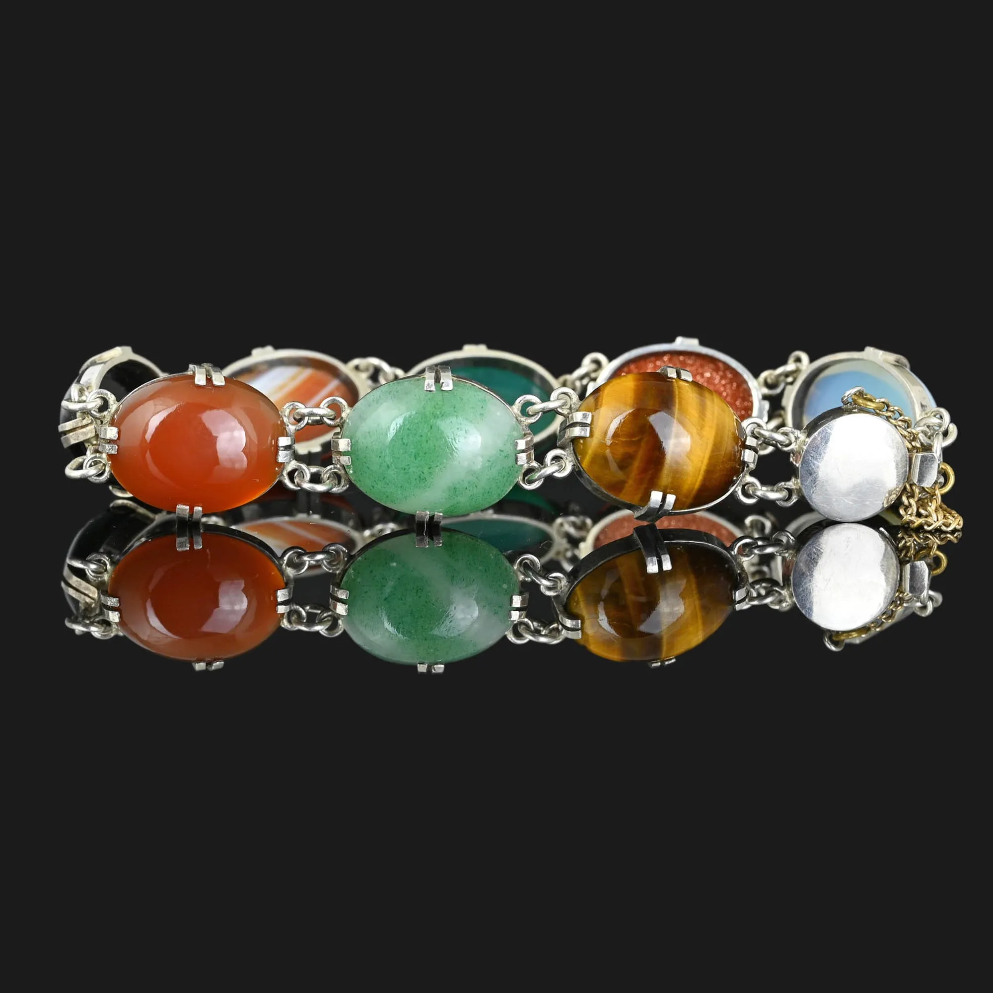 Mid Century Multi Gemstone Bracelet Jade Tiger Eye Moonstone