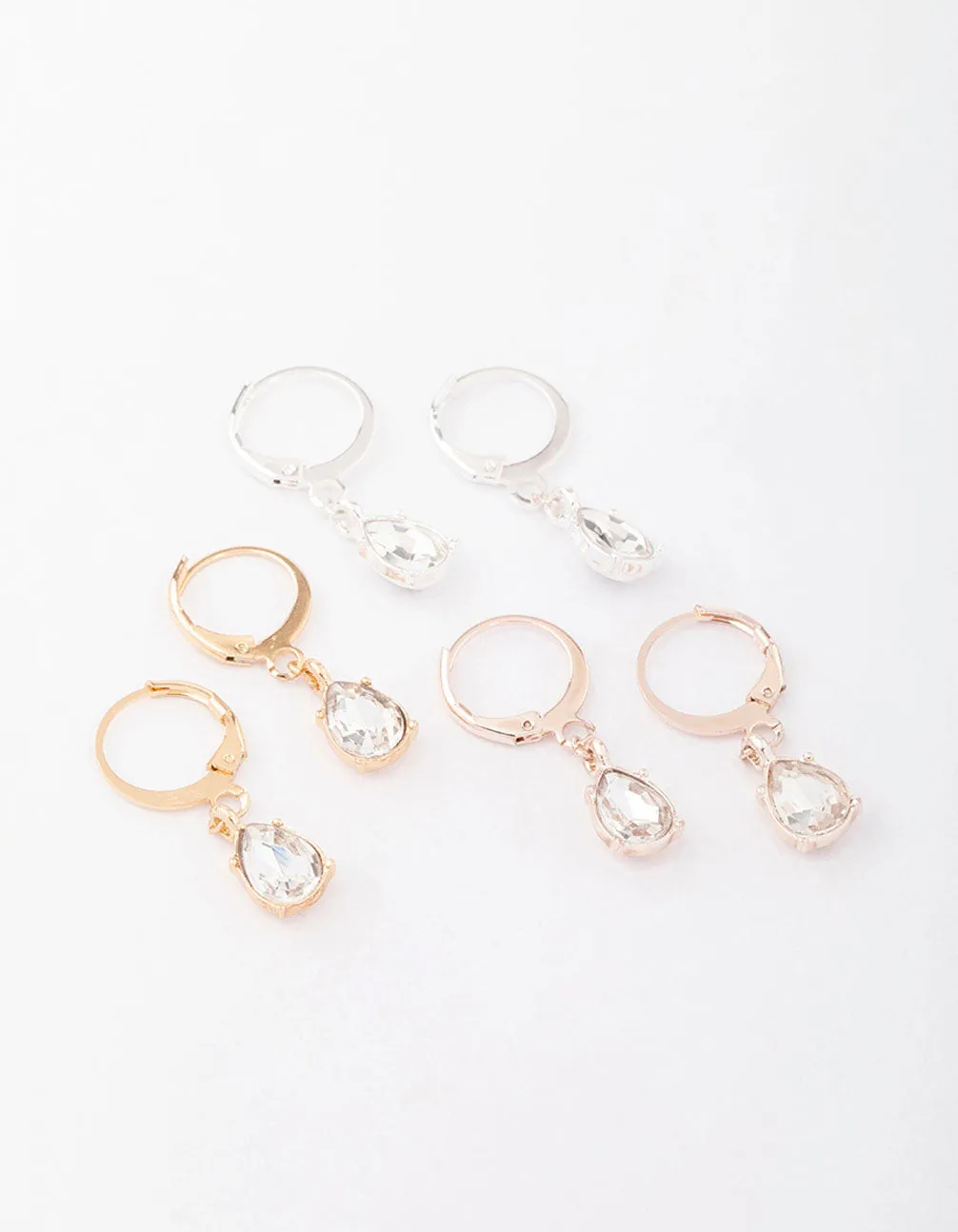 Mixed Metal Drop Pear Diamante Huggie Earring 3-Pack