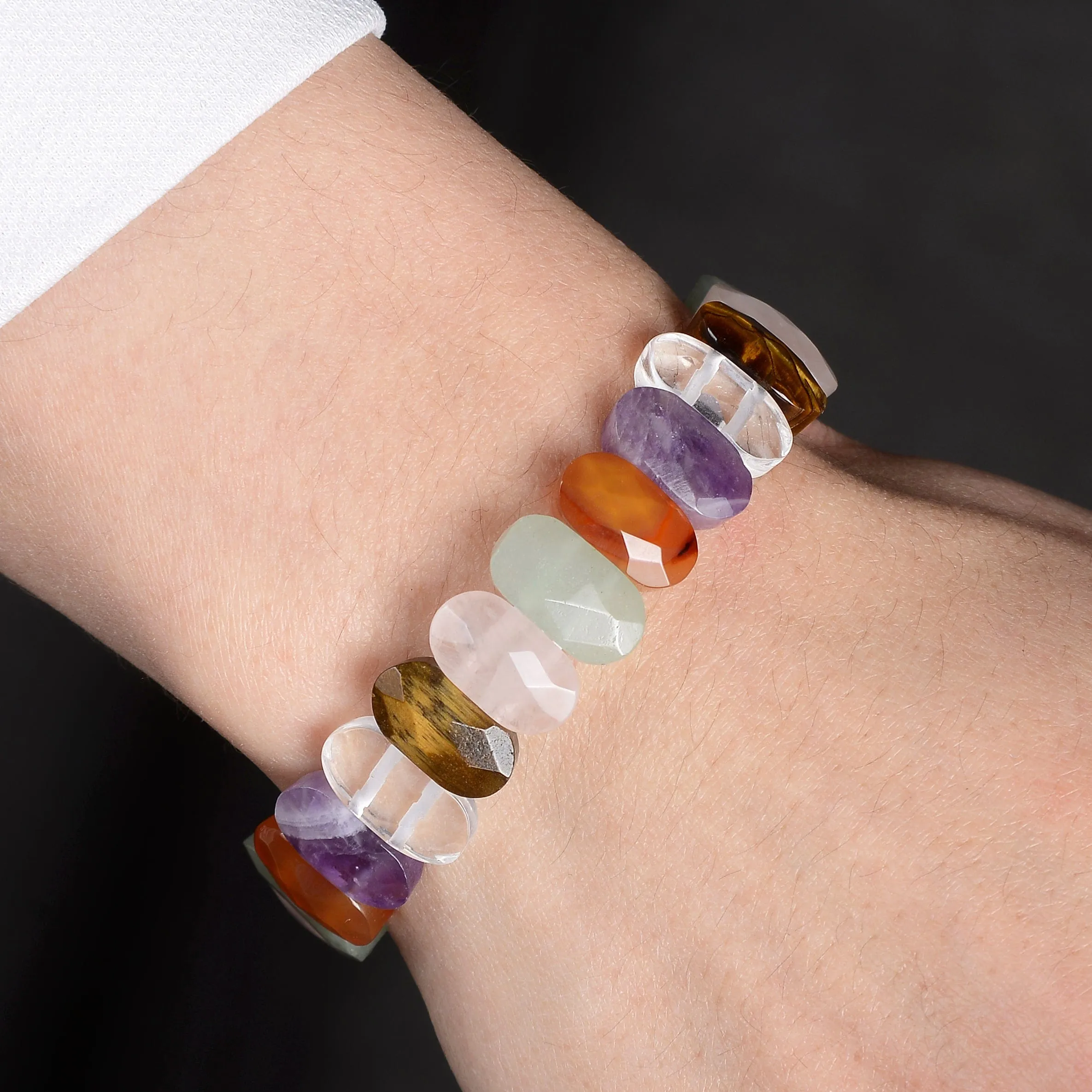 Multi Gemstone Oval & Faceted Natural Gemstone Elastic Bracelet