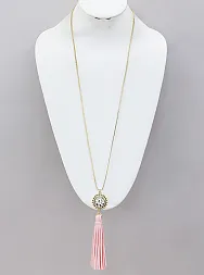 Natalie Long Suede Tassel and Crystal Necklace