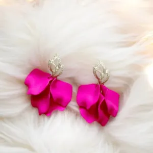 Pink - Barbie petal flower earrings dangle matte petals floral earrings | golden leaf party wedding bridal earrings