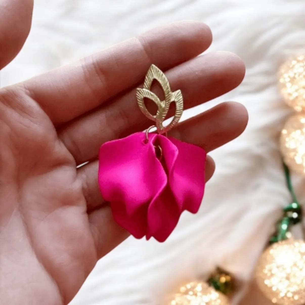 Pink - Barbie petal flower earrings dangle matte petals floral earrings | golden leaf party wedding bridal earrings