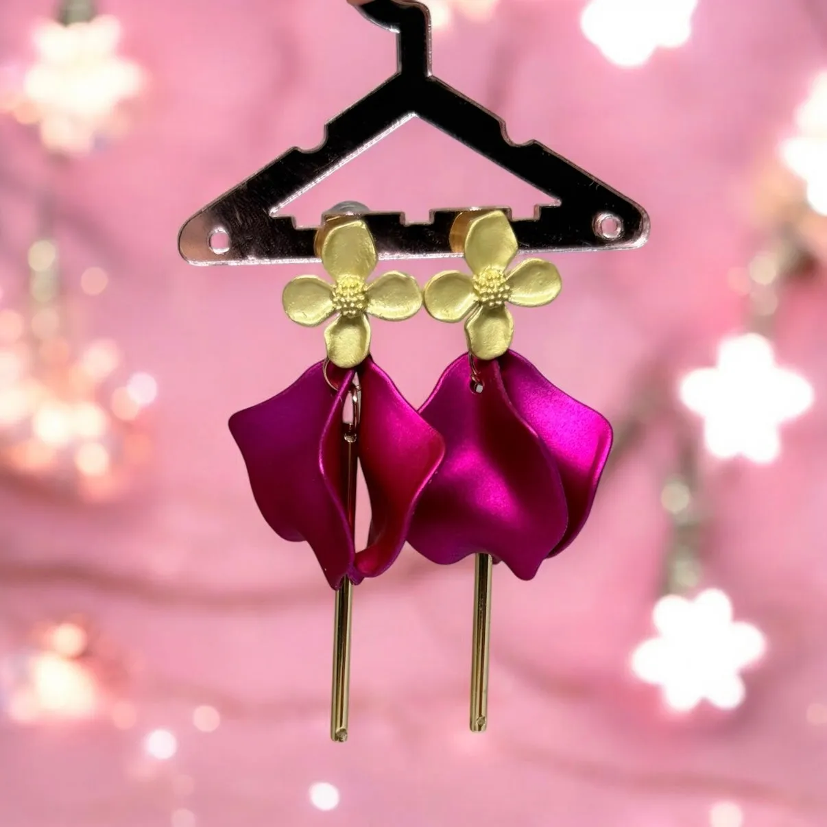 Pink - Fuchsia pink flower earrings | dangly gold bar earrings | shinny petals oversize statement | golden geometric floral bridal party earrings