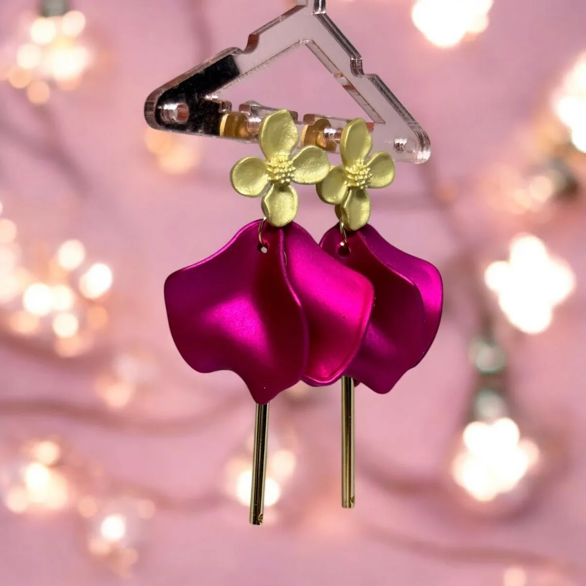 Pink - Fuchsia pink flower earrings | dangly gold bar earrings | shinny petals oversize statement | golden geometric floral bridal party earrings