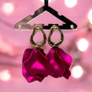 Pink - Fuchsia pink flower earrings | dangly gold earrings | frosted petals hoop oversize statement | golden geometric floral bridal party earrings