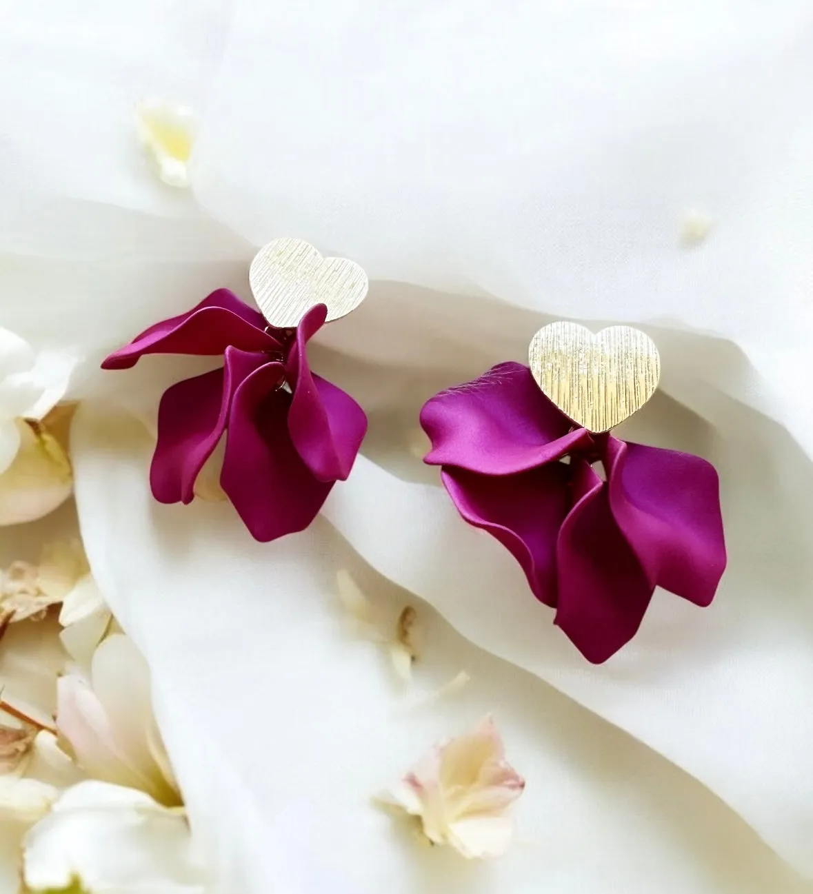 Pink - Heart pattern Fuchsia pink flower earrings | dangly earrings | frosted petals hoop oversize statement | golden geometric floral bridal party earrings