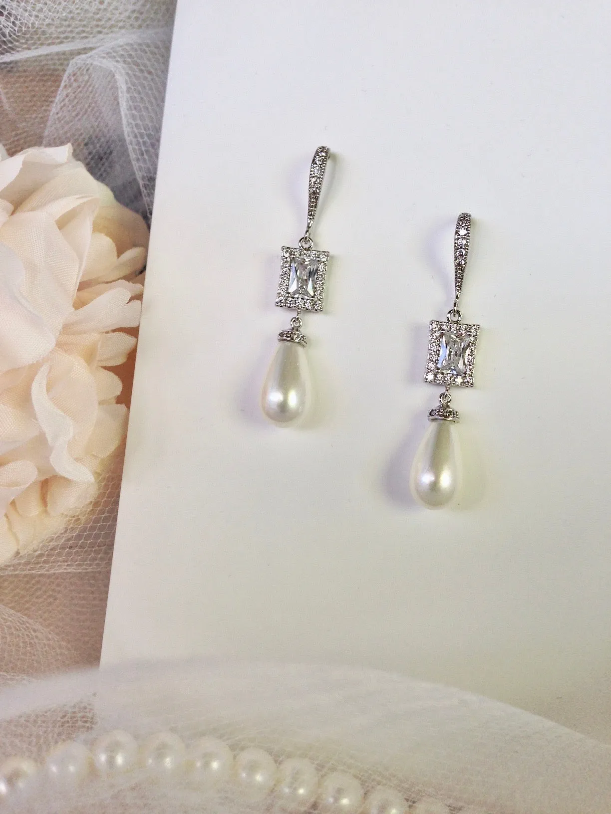 "Juno" - Pearl and CZ Bridal Earrings - Available in Silver and Yellow Gold