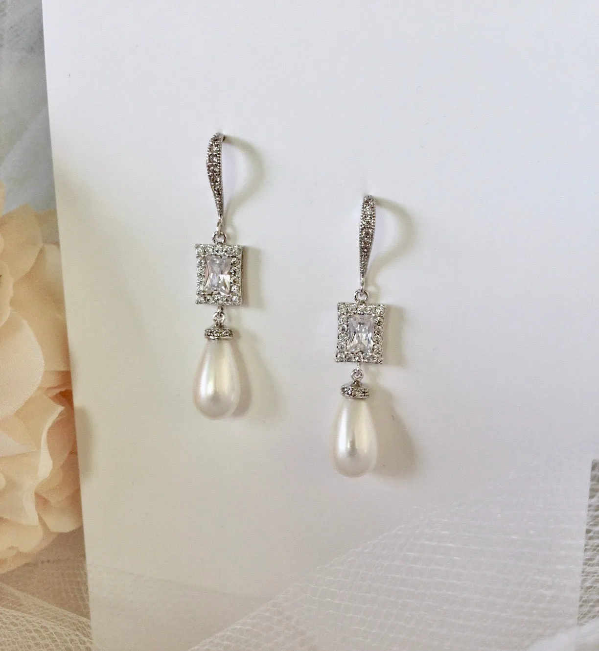 "Juno" - Pearl and CZ Bridal Earrings - Available in Silver and Yellow Gold