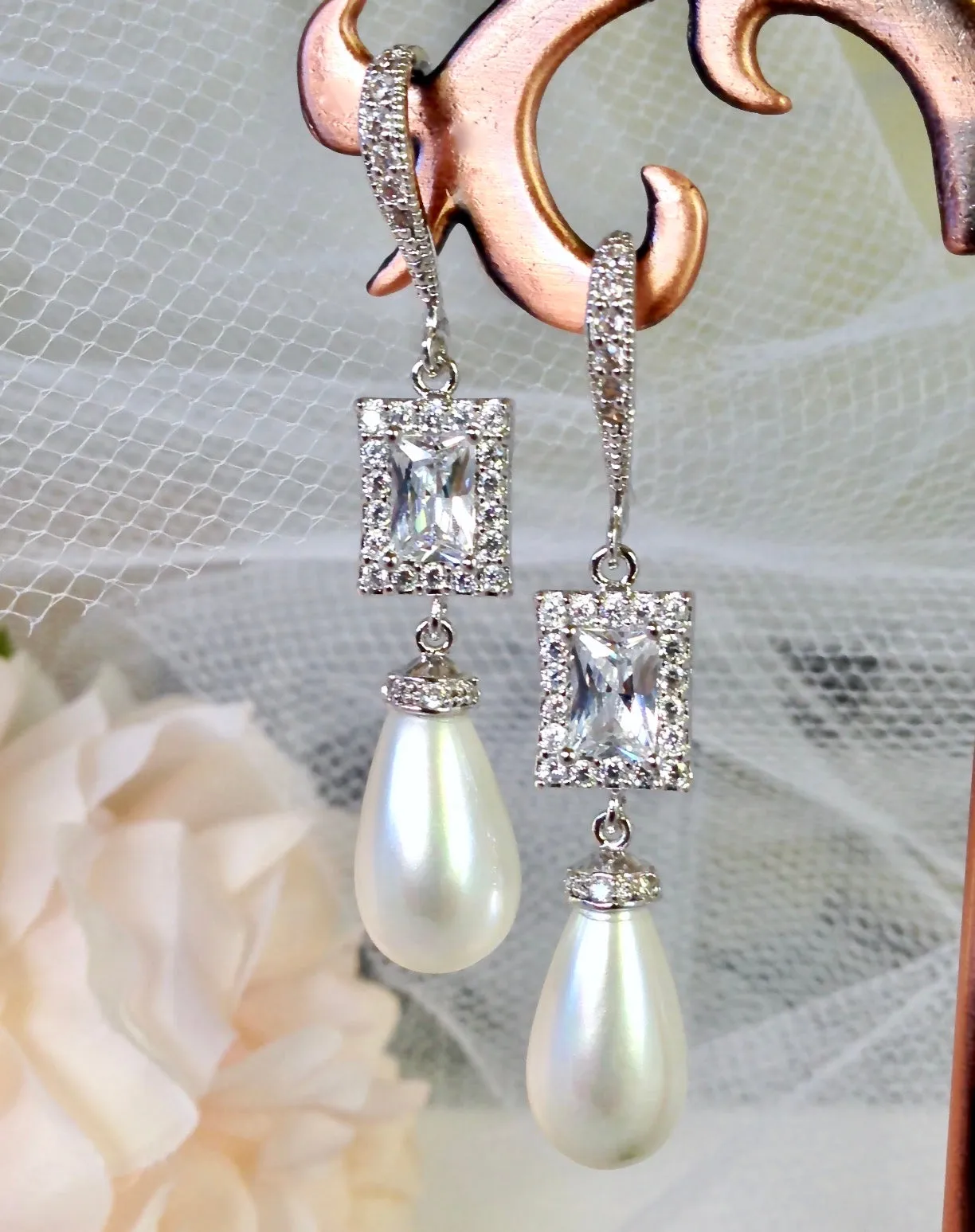 "Juno" - Pearl and CZ Bridal Earrings - Available in Silver and Yellow Gold