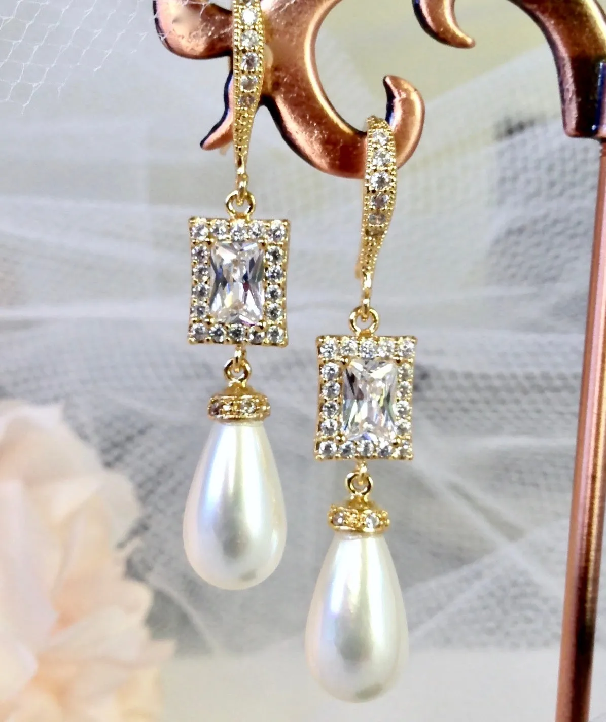 "Juno" - Pearl and CZ Bridal Earrings - Available in Silver and Yellow Gold