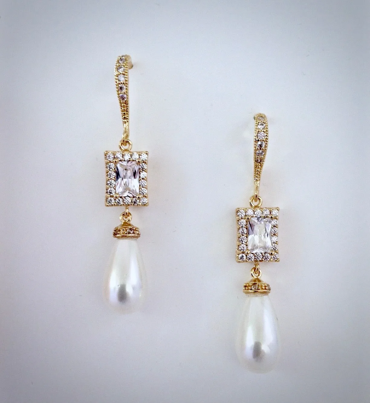 "Juno" - Pearl and CZ Bridal Earrings - Available in Silver and Yellow Gold