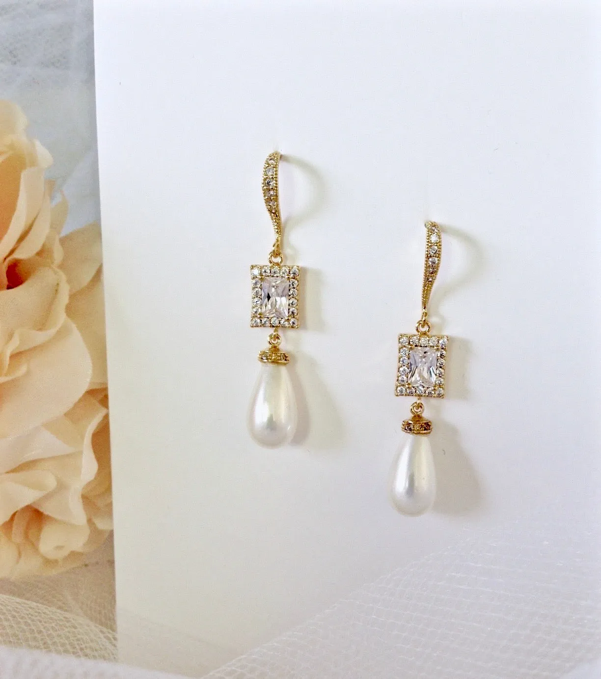 "Juno" - Pearl and CZ Bridal Earrings - Available in Silver and Yellow Gold