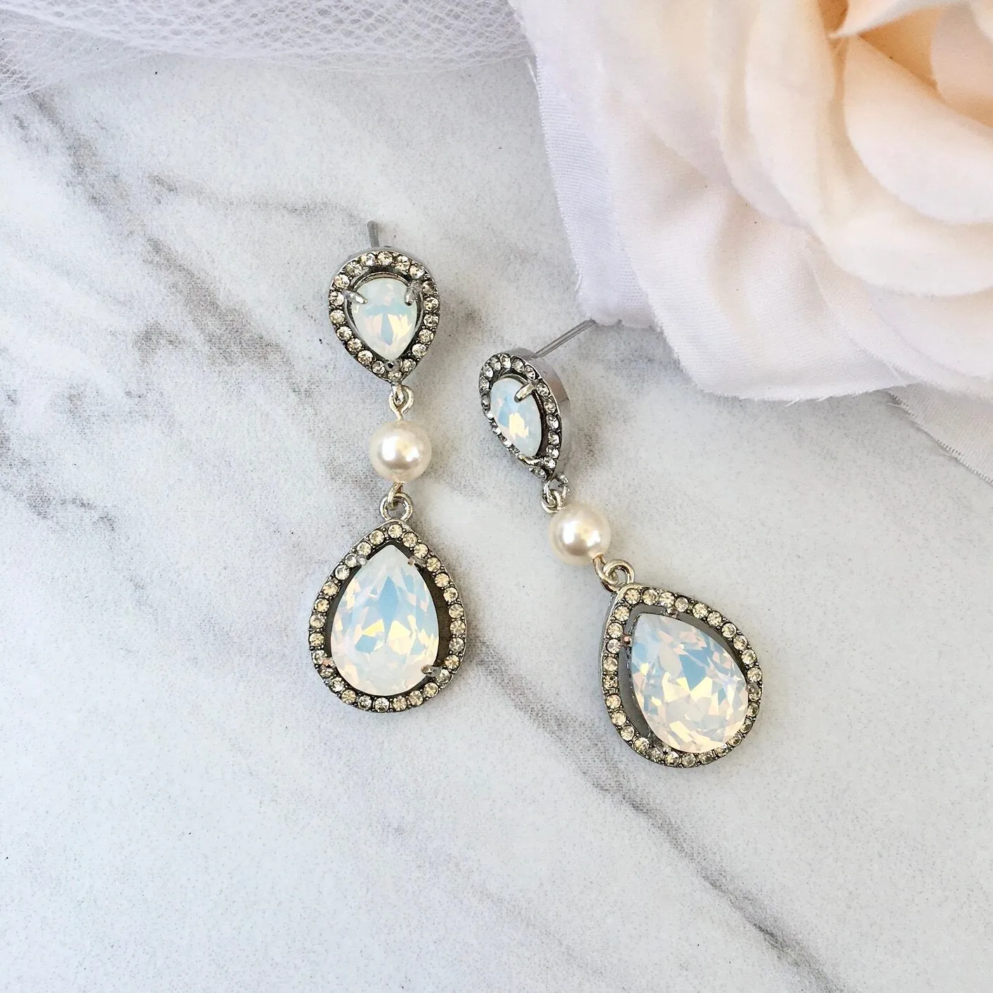 "Opal" - Pearl and Opal Bridal Earrings