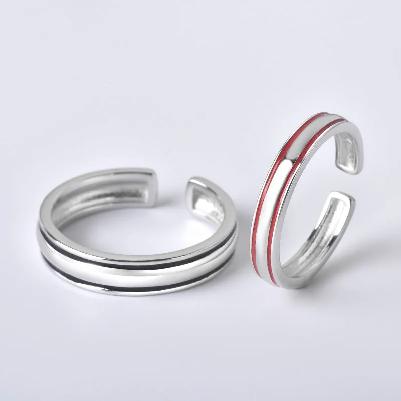 Red and Black Lines Opeing Sterling Silver Couple Rings