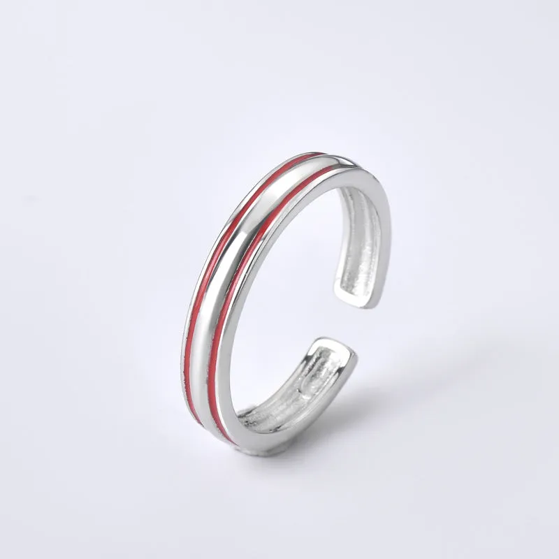 Red and Black Lines Opeing Sterling Silver Couple Rings