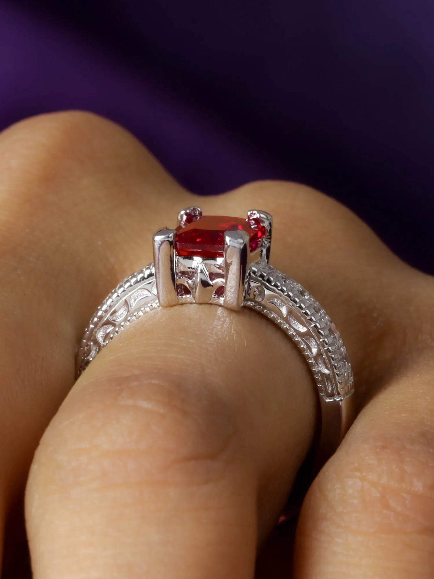 Red Ruby And American Diamond Engagement Ring In 925 Silver