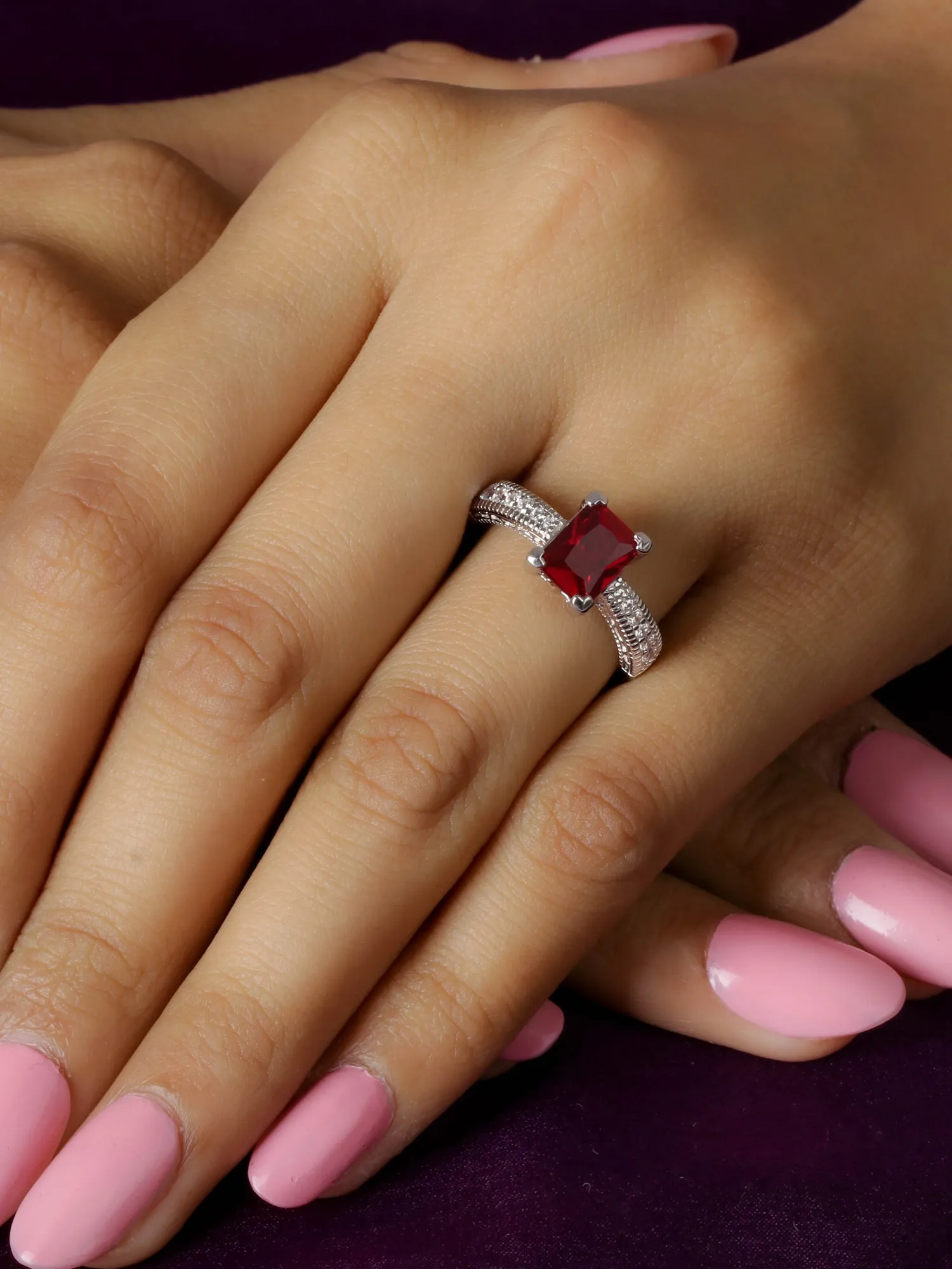 Red Ruby And American Diamond Engagement Ring In 925 Silver